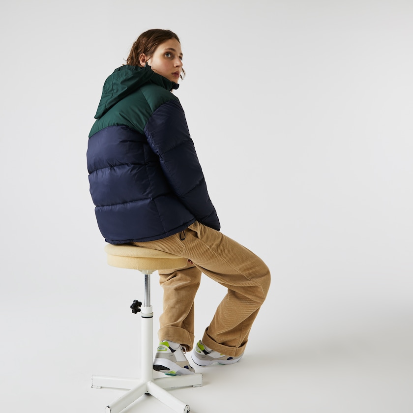 Jaquetas Azul Marinho Azuis Verdes Feminino Lacoste Stand-Up Collar Concealed Hood Colourblock Short NK8-70597R0