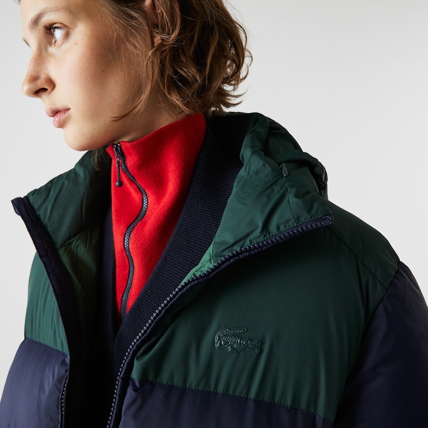 Jaquetas Azul Marinho Azuis Verdes Feminino Lacoste Stand-Up Collar Concealed Hood Colourblock Short NK8-70597R0