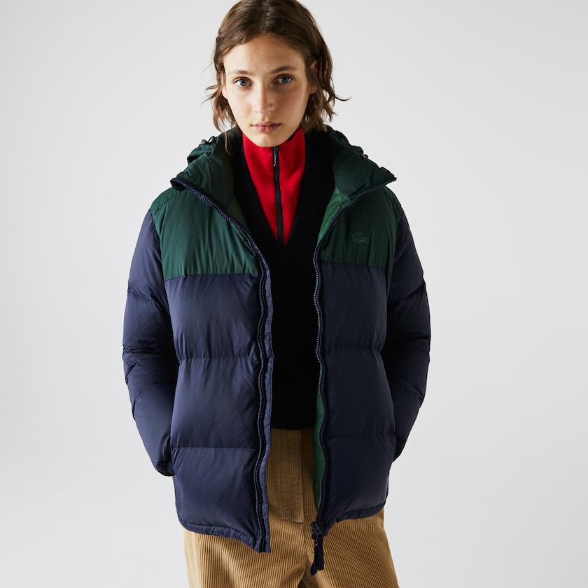 Jaquetas Azul Marinho Azuis Verdes Feminino Lacoste Stand-Up Collar Concealed Hood Colourblock Short NK8-70597R0