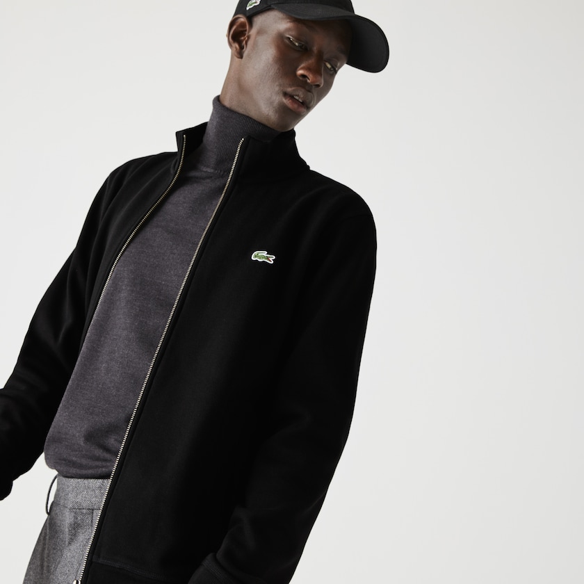 Jaquetas Pretas Masculino Lacoste Zippered Stand-Up Collar Piqué Fleece IG1-21112K5