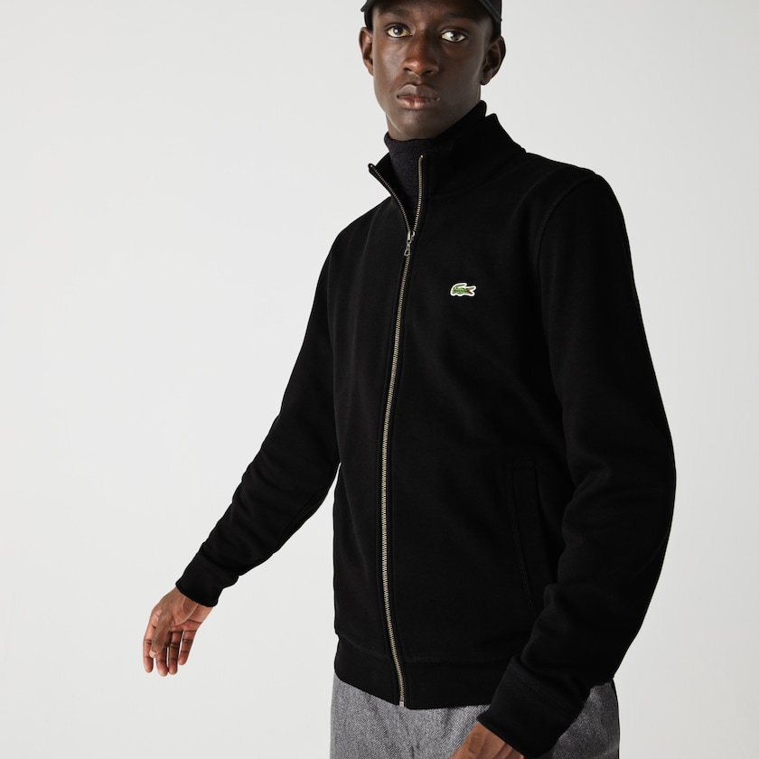 Jaquetas Pretas Masculino Lacoste Zippered Stand-Up Collar Piqué Fleece IG1-21112K5
