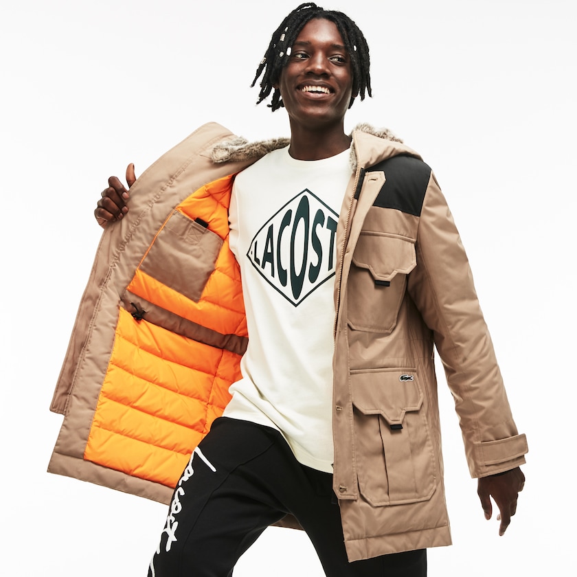 Jaquetas Parka Bege Pretas Masculino Lacoste LIVE Water-Resistant Canvas Quilted VM0-80468Y6