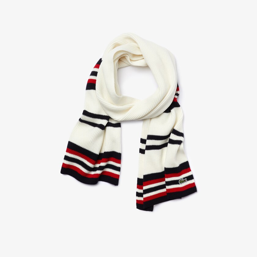 Lenços Branco Azul Marinho Azuis Vermelhas Masculino Lacoste Made in France Striped Ribbed Rectangular Wool HR1-76537F4