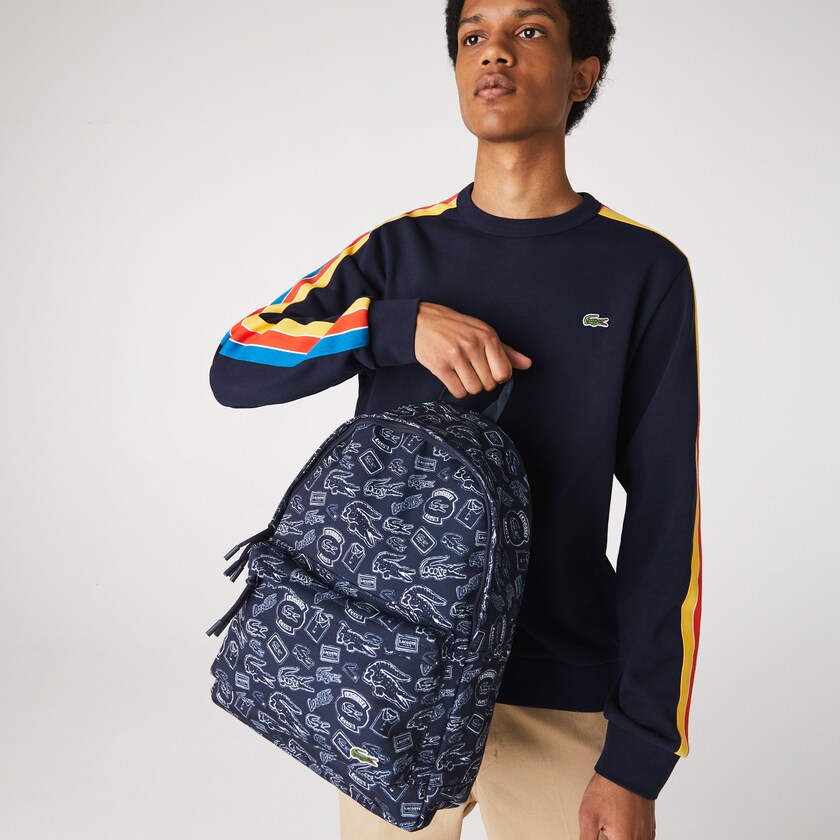 Mochilas Azul Marinho Azuis Branco Masculino Lacoste Neocroc Pattern Canvas YS4-94319L5