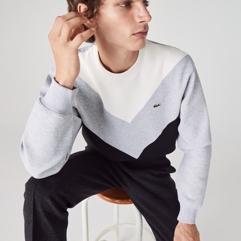 Moletons Pretas Cinzentas Branco Masculino Lacoste Colorblock Cotton Blend Crew Neck FZ7-90419T6