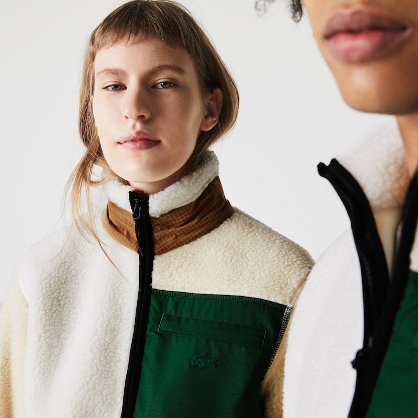 Moletons Bege Branco Feminino Lacoste LIVE Relaxed Fit Colorblock Sheepskin Fleece CU5-23992P0