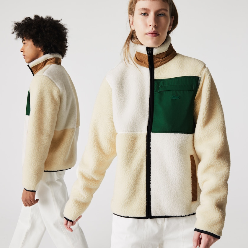 Moletons Bege Branco Masculino Lacoste LIVE Relaxed Fit Colorblock Sheepskin Fleece XU3-72897C0