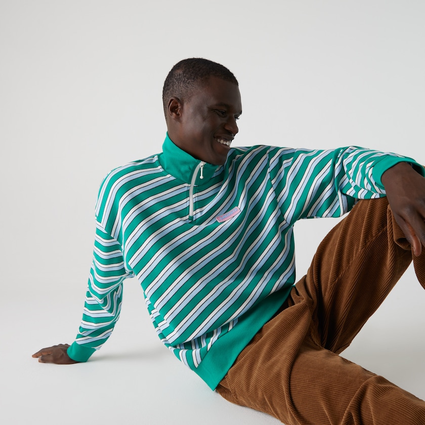 Moletons Verdes Branco Masculino Lacoste LIVE Striped Stand-Up Collar Cotton NN7-91909R3