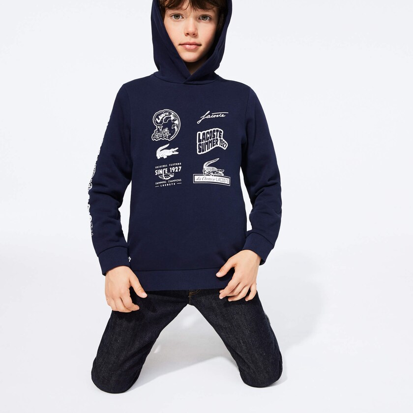 Moletons Azul Marinho Azuis Branco Criança Lacoste Signature Logos Cotton-Blend Hoodie AZ0-33933M7