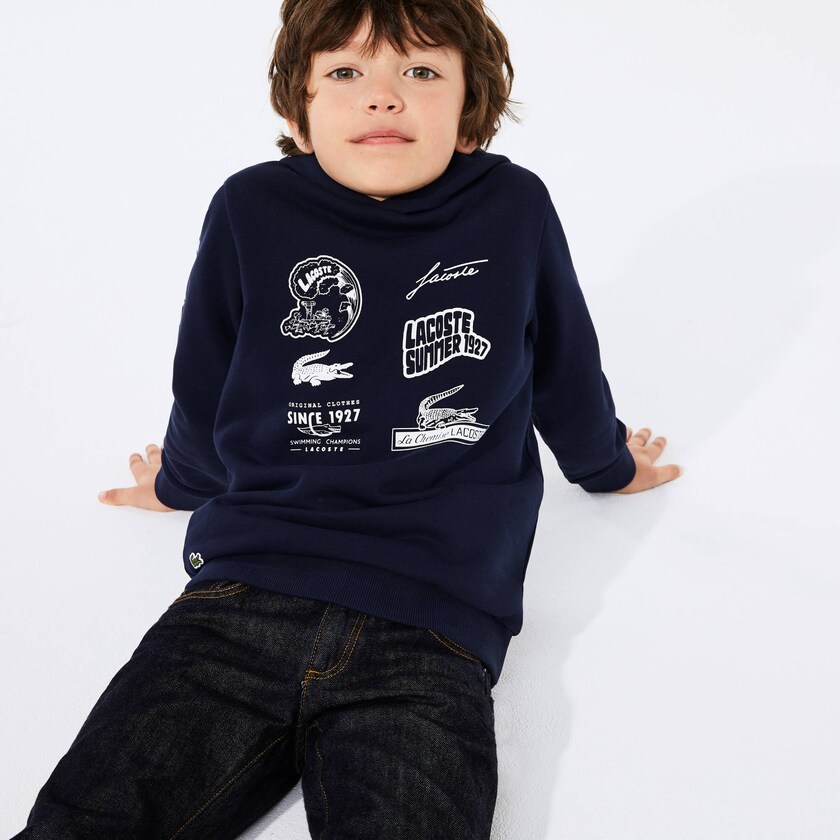 Moletons Azul Marinho Azuis Branco Criança Lacoste Signature Logos Cotton-Blend Hoodie AZ0-33933M7