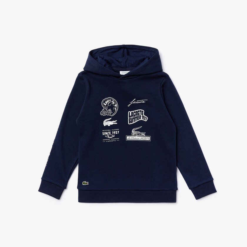 Moletons Azul Marinho Azuis Branco Criança Lacoste Signature Logos Cotton-Blend Hoodie AZ0-33933M7