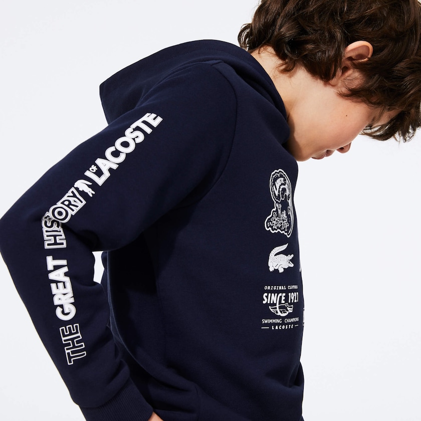 Moletons Azul Marinho Azuis Branco Criança Lacoste Signature Logos Cotton-Blend Hoodie AZ0-33933M7