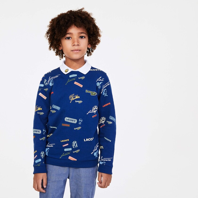 Moletons Azuis Branco Criança Lacoste Signature Print Cotton Fleece BZ1-60656Q7