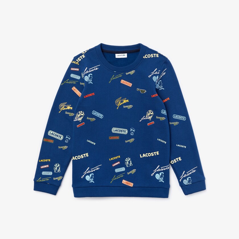 Moletons Azuis Branco Criança Lacoste Signature Print Cotton Fleece BZ1-60656Q7