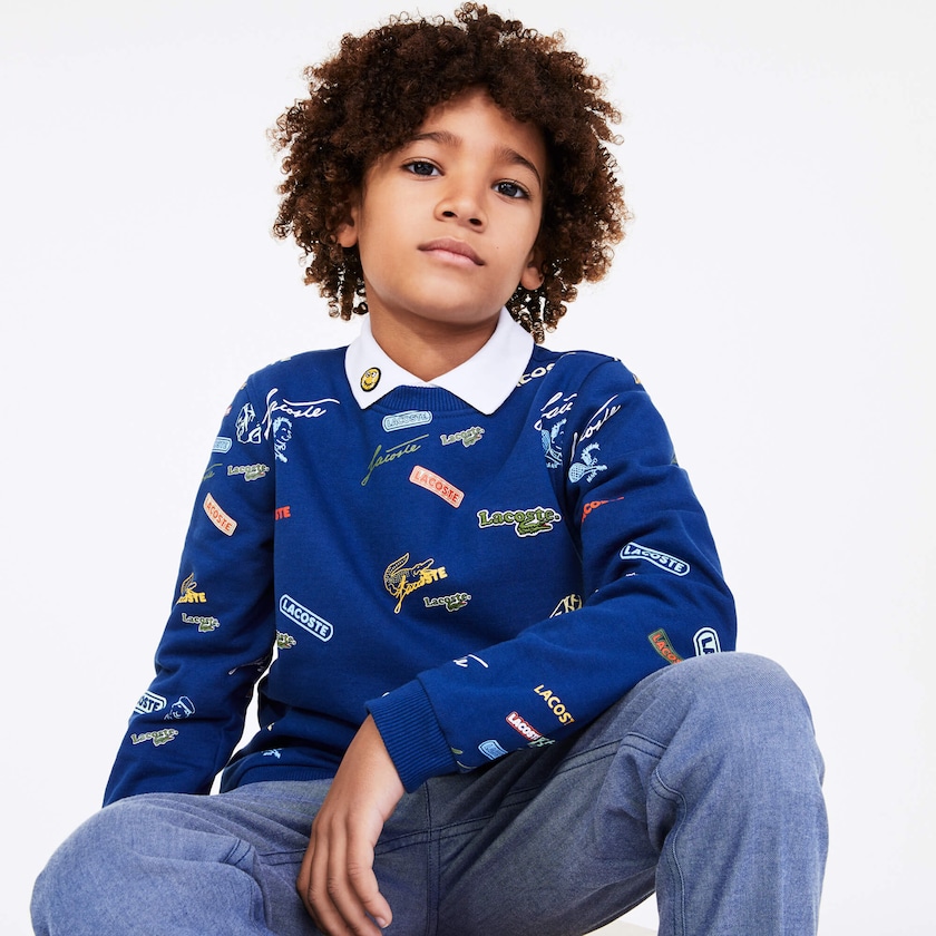 Moletons Azuis Branco Criança Lacoste Signature Print Cotton Fleece BZ1-60656Q7