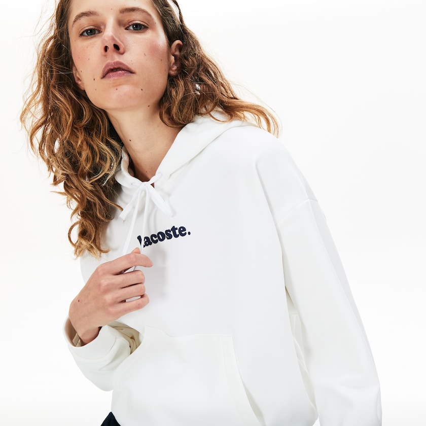 Moletons Branco Feminino Lacoste Signature Wide Hooded Fleece QN4-01170U8