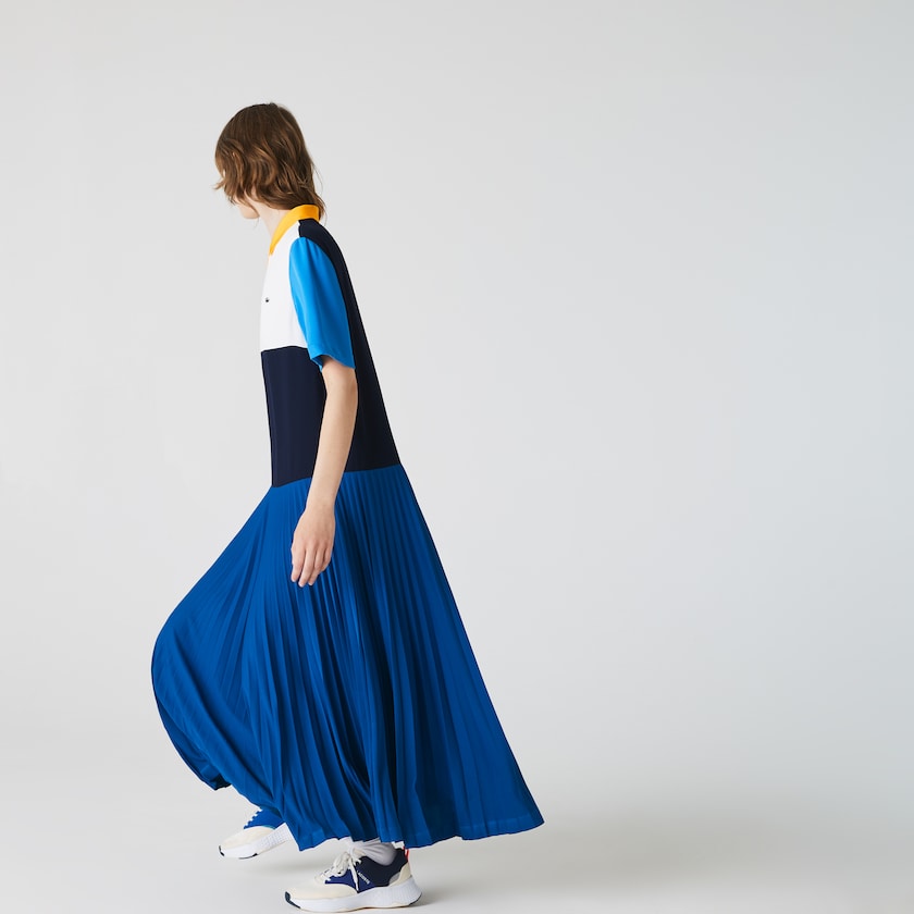 Vestido Polo Azuis Azul Marinho Azuis Branco Azuis Amarelas Feminino Lacoste Colorblock Flowy Pleated Skirt WN8-21822L2