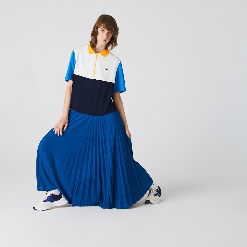 Vestido Polo Azuis Azul Marinho Azuis Branco Azuis Amarelas Feminino Lacoste Colorblock Flowy Pleated Skirt WN8-21822L2