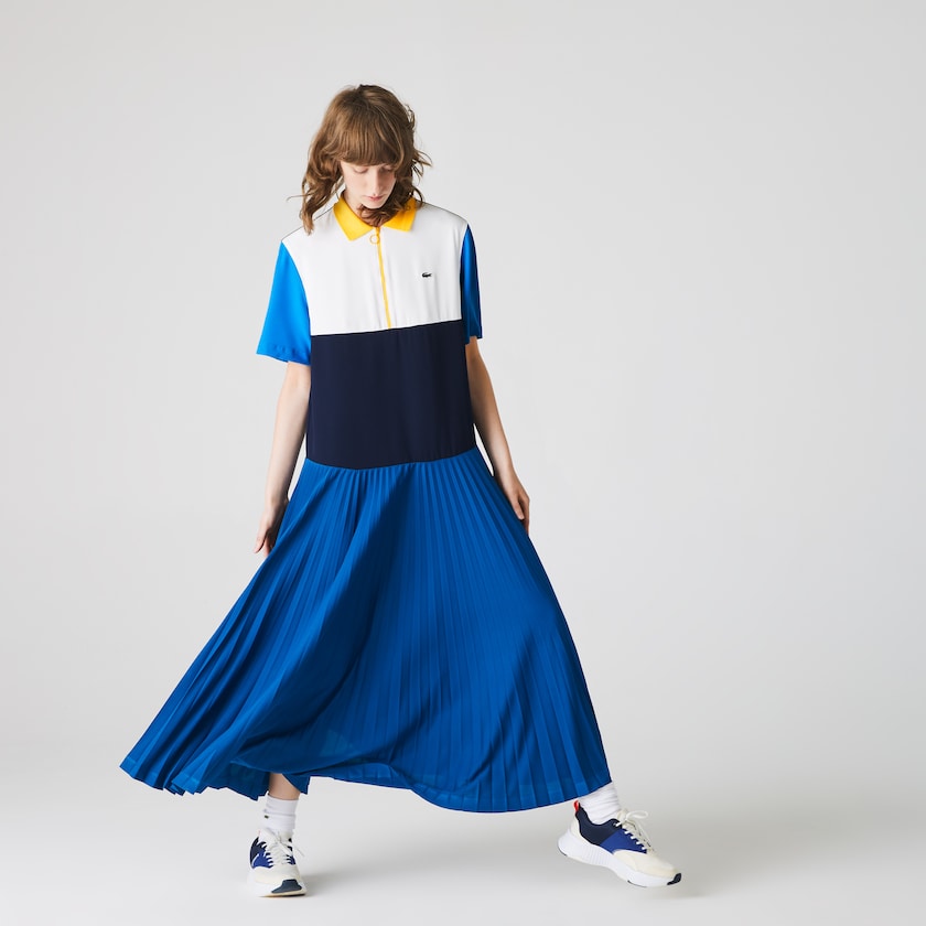 Vestido Polo Azuis Azul Marinho Azuis Branco Azuis Amarelas Feminino Lacoste Colorblock Flowy Pleated Skirt WN8-21822L2