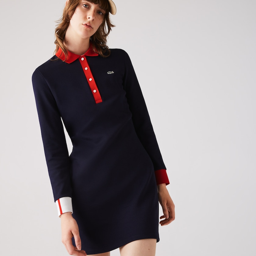 Vestido Polo Azul Marinho Azuis Vermelhas Branco Feminino Lacoste Made In France Stretch Cotton Jersey QP6-86788M4