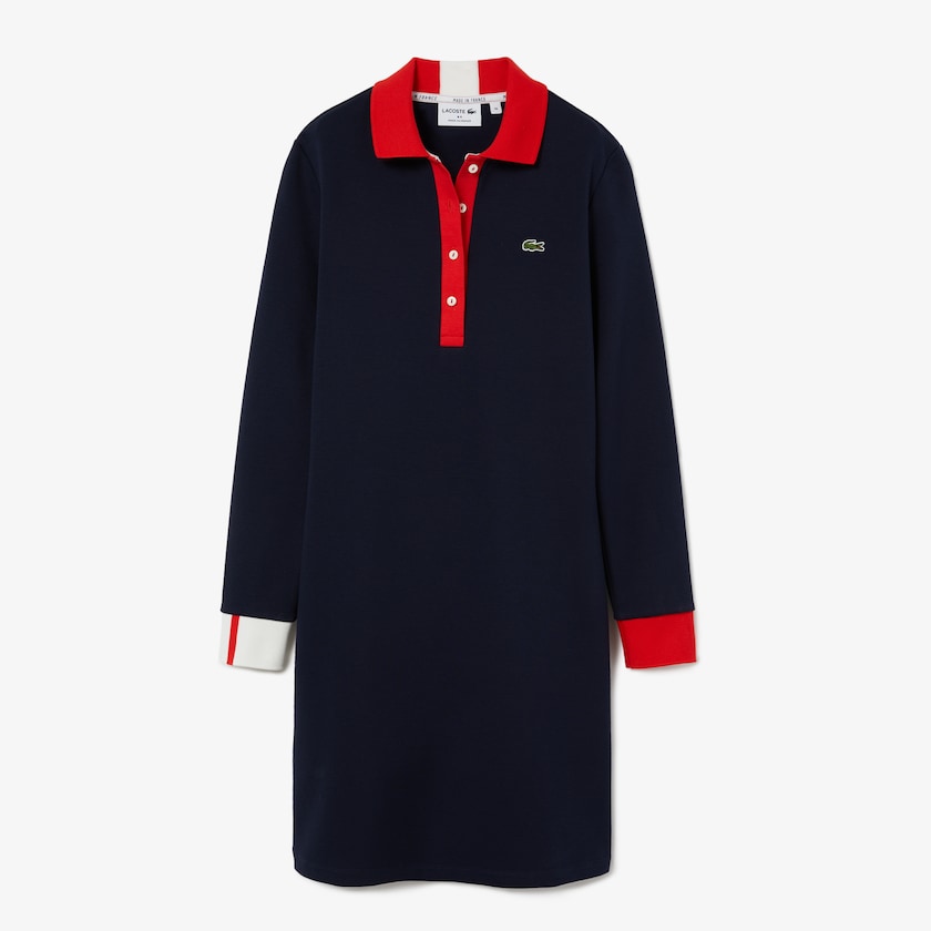 Vestido Polo Azul Marinho Azuis Vermelhas Branco Feminino Lacoste Made In France Stretch Cotton Jersey QP6-86788M4