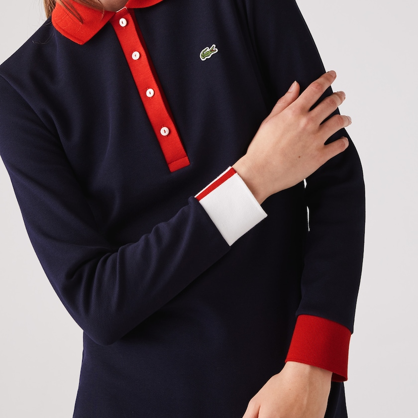 Vestido Polo Azul Marinho Azuis Vermelhas Branco Feminino Lacoste Made In France Stretch Cotton Jersey QP6-86788M4