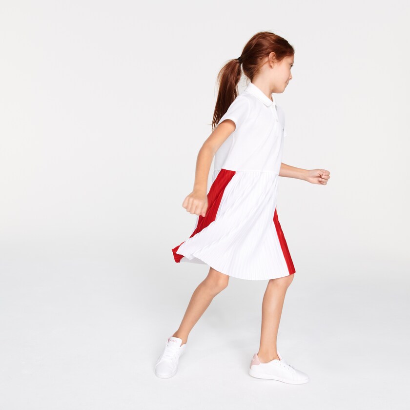 Vestido Polo Branco Vermelhas Feminino Lacoste Pleated Lightweight Cotton Piqué QY0-80088I8