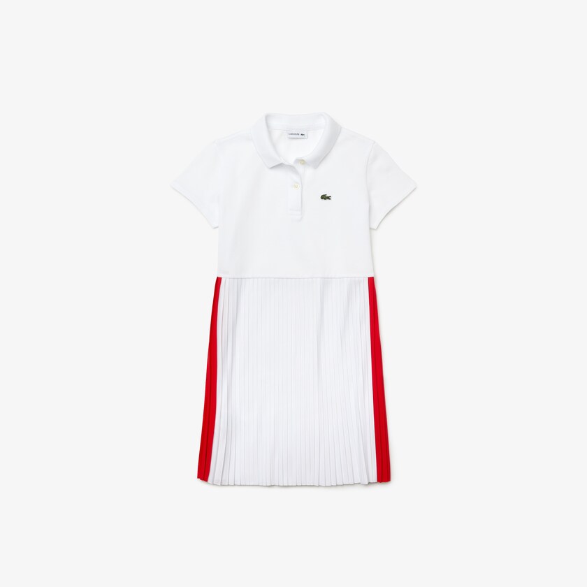Vestido Polo Branco Vermelhas Feminino Lacoste Pleated Lightweight Cotton Piqué QY0-80088I8