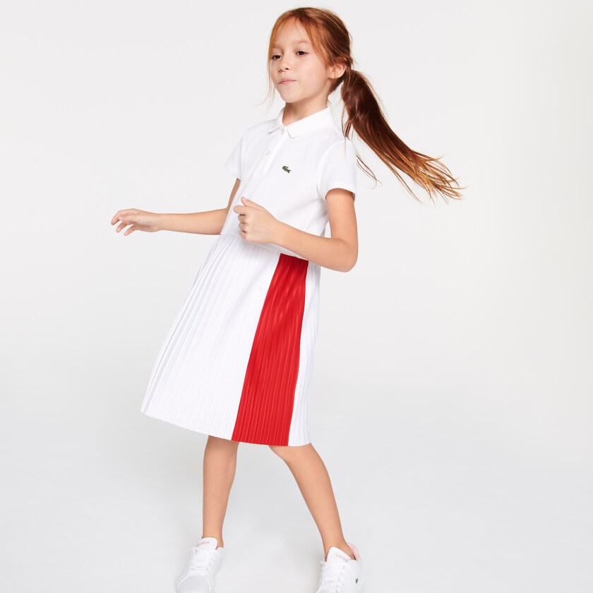 Vestido Polo Branco Vermelhas Feminino Lacoste Pleated Lightweight Cotton Piqué QY0-80088I8