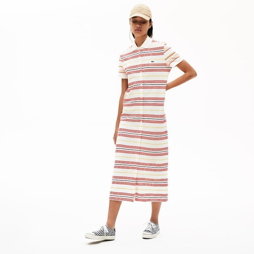 Vestido Polo Branco Vermelhas Amarelas Azul Marinho Azuis Luz Rosa Feminino Lacoste Striped Cotton Buttoned BH7-10211M3