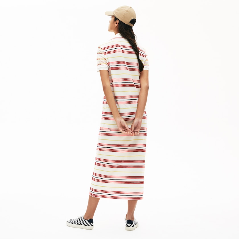 Vestido Polo Branco Vermelhas Amarelas Azul Marinho Azuis Luz Rosa Feminino Lacoste Striped Cotton Buttoned BH7-10211M3