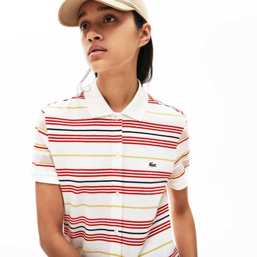 Vestido Polo Branco Vermelhas Amarelas Azul Marinho Azuis Luz Rosa Feminino Lacoste Striped Cotton Buttoned BH7-10211M3