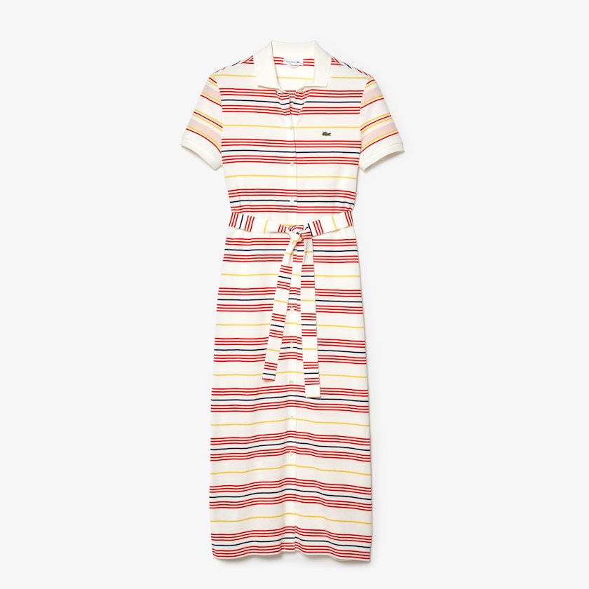 Vestido Polo Branco Vermelhas Amarelas Azul Marinho Azuis Luz Rosa Feminino Lacoste Striped Cotton Buttoned BH7-10211M3