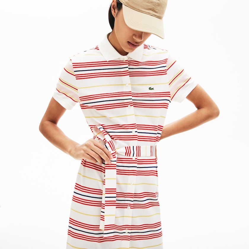 Vestido Polo Branco Vermelhas Amarelas Azul Marinho Azuis Luz Rosa Feminino Lacoste Striped Cotton Buttoned BH7-10211M3