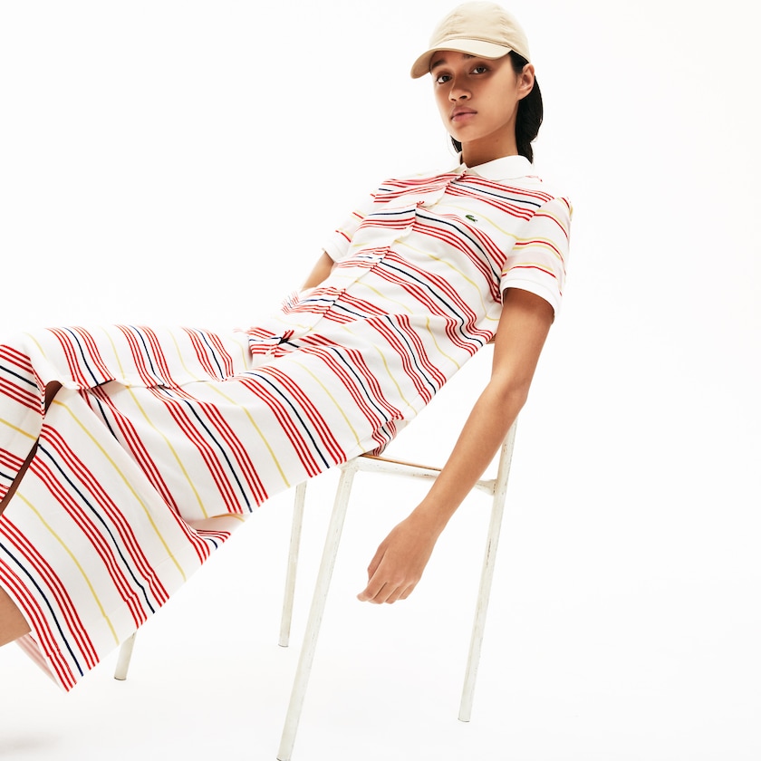 Vestido Polo Branco Vermelhas Amarelas Azul Marinho Azuis Luz Rosa Feminino Lacoste Striped Cotton Buttoned BH7-10211M3