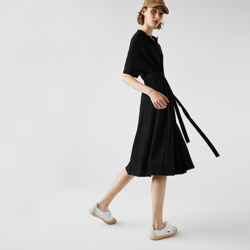 Vestido Polo Pretas Feminino Lacoste V-neck Fitted Flowy Piqué EC9-76657X5