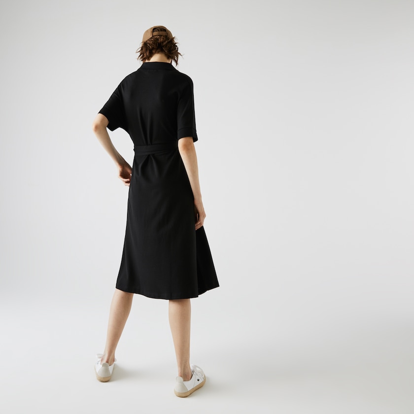 Vestido Polo Pretas Feminino Lacoste V-neck Fitted Flowy Piqué EC9-76657X5