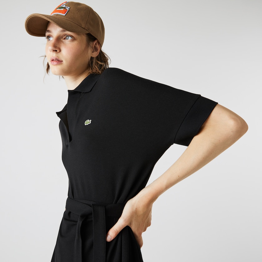 Vestido Polo Pretas Feminino Lacoste V-neck Fitted Flowy Piqué EC9-76657X5