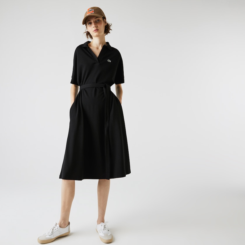 Vestido Polo Pretas Feminino Lacoste V-neck Fitted Flowy Piqué EC9-76657X5