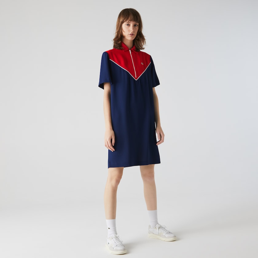 Vestido Polo Azuis Branco Vermelhas Feminino Lacoste Zip-Collar Colorblock VF0-08000E8