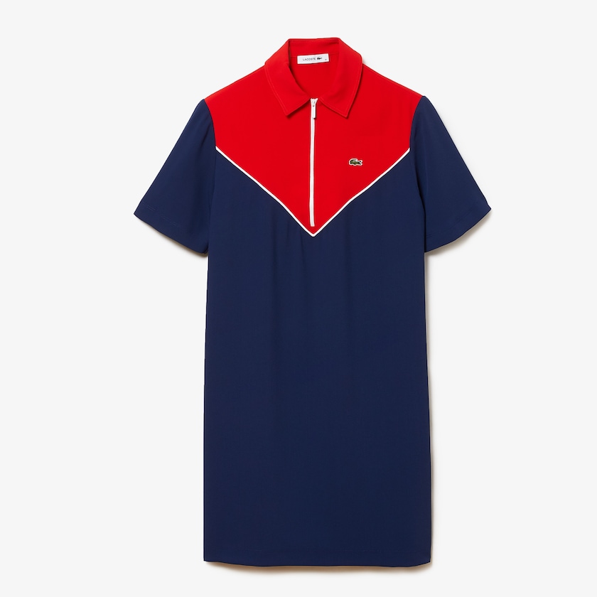Vestido Polo Azuis Branco Vermelhas Feminino Lacoste Zip-Collar Colorblock VF0-08000E8