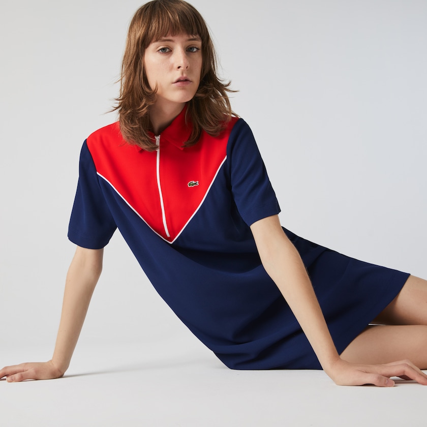 Vestido Polo Azuis Branco Vermelhas Feminino Lacoste Zip-Collar Colorblock VF0-08000E8