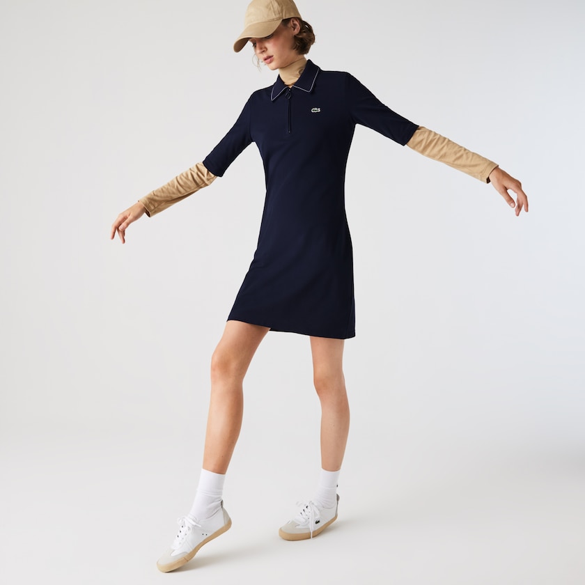 Vestido Polo Azul Marinho Azuis Branco Feminino Lacoste Zippered Short Stretch Cotton Piqué XM4-98849J3
