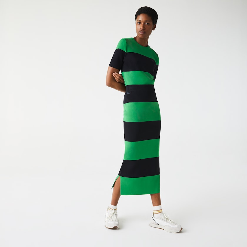 Saias Verdes Azul Marinho Azuis Feminino Lacoste LIVE Long Striped Knit BD1-42584Z0
