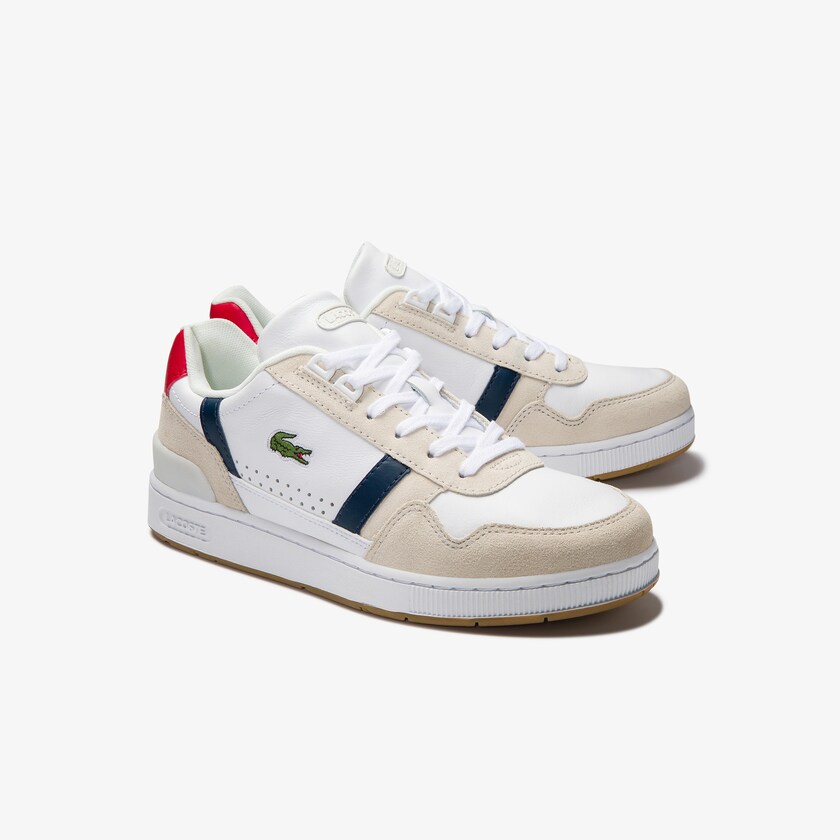 Sapatilhas Branco Azul Marinho Vermelhas Feminino Lacoste T-Clip Tricolour Leather and Suede FT4-51735E6