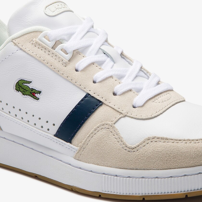 Sapatilhas Branco Azul Marinho Vermelhas Feminino Lacoste T-Clip Tricolour Leather and Suede FT4-51735E6