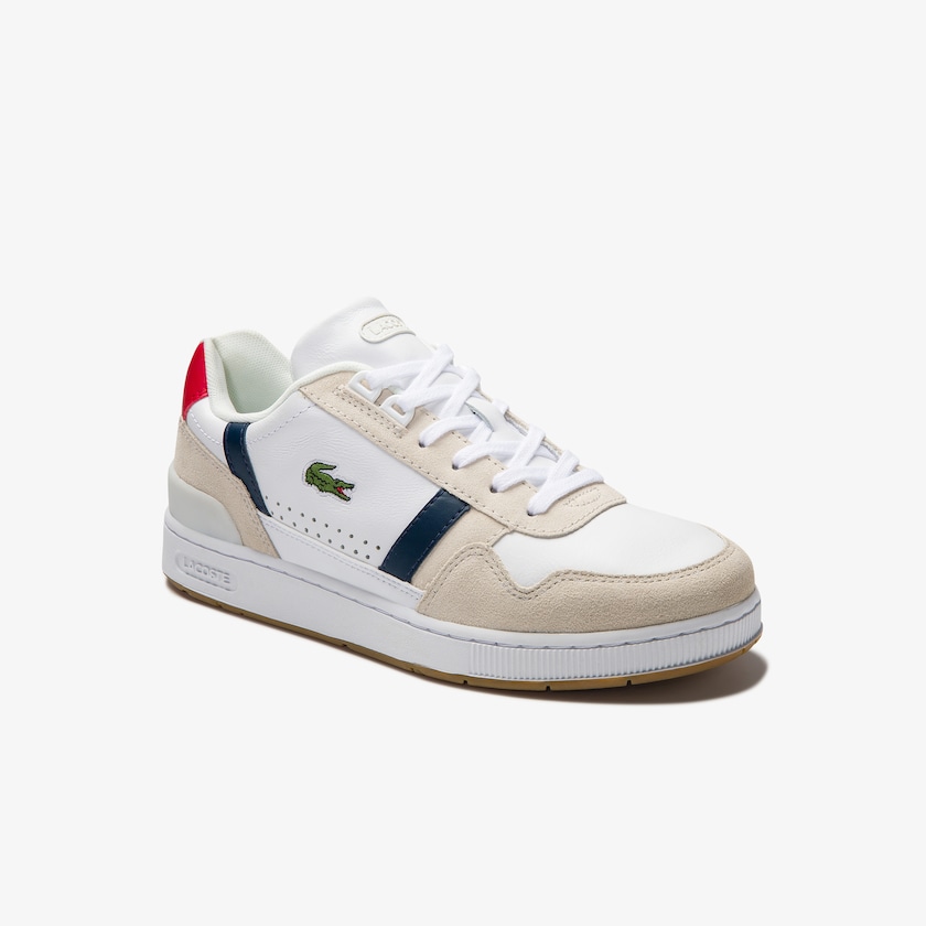 Sapatilhas Branco Azul Marinho Vermelhas Feminino Lacoste T-Clip Tricolour Leather and Suede FT4-51735E6