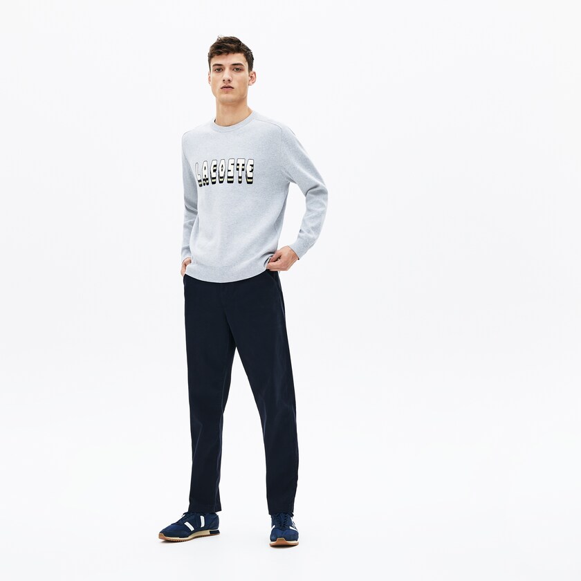 Suéteres Cinzentas Masculino Lacoste 3D-Lettering Crewneck Cotton Blend WX3-55925M0