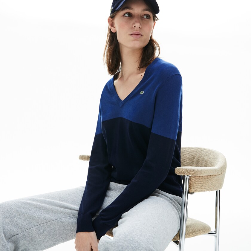 Suéteres Azul Marinho Azuis Feminino Lacoste Colorblock Cotton V-neck XV3-79787U8