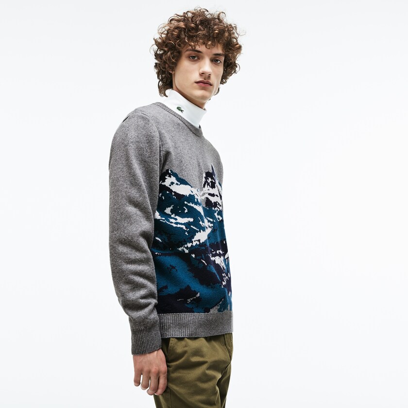 Suéteres Cinzentas Verdes Azuis Branco Masculino Lacoste Crew Neck Alpine Print Wool And Cotton Jacquard JK0-97599Y3